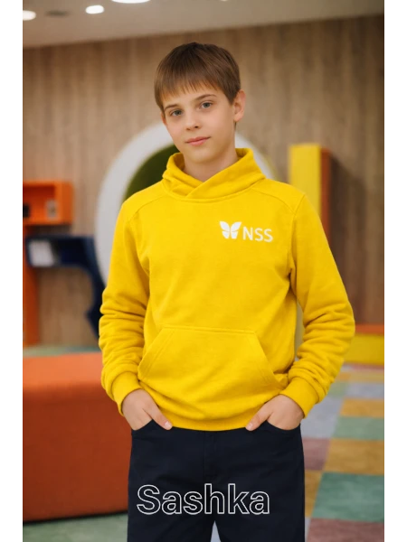 Худі УТЕПЛЕНЕ для хлопчика на флісі з коміром жовте з логотипом школи NSS, розмір 116-164